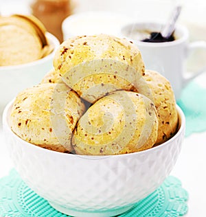 Cheese bread biscuit, traditional brazilian bread made with fresh mineiro cheese, served in snack bars and bakeries in Brazil,