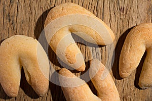 Cheese bread known as Chipa in Brazil, shaped like a horseshoe.