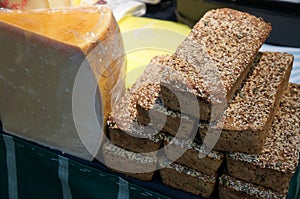 Cheese and bread on display