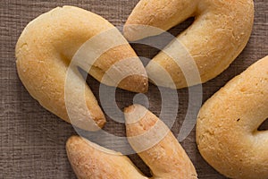 Cheese bread known as Chipa in Brazil, shaped like a horseshoe.