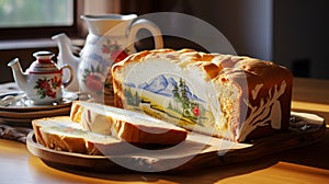 Cheese Bread Loaf Displayed On Wooden Table With Tea Set