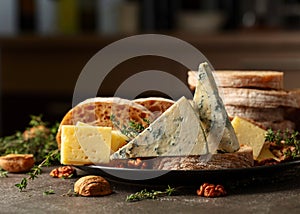 Cheese, bread, walnuts, and thyme on a stone kitchen table