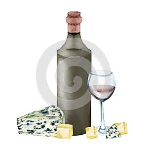 Cheese brie and pieces with red wine bottle, glass illustration, Cut cheese composition with drink for menu, restaurant, cheese
