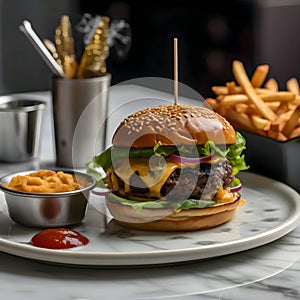 Cheese burger - American cheese burger with Golden French fries and ketchup