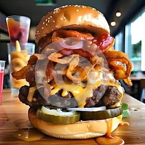 Cheese burger - American cheese burger with Golden French fries and ketchup