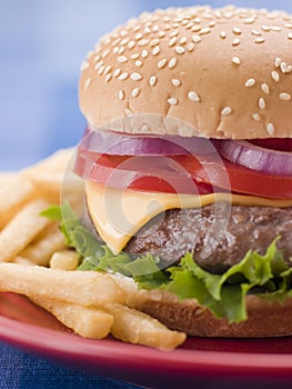 Cheese Burger in a Sesame Seed Bun with Fries