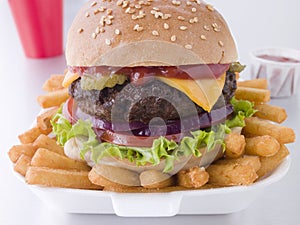 Cheese Burger In A Sesame Seed Bun With Fries