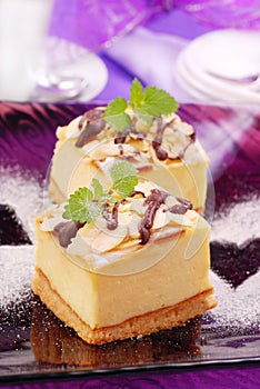 Cheese cake on purple plate