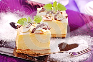 Cheese cake on purple plate