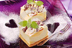 Cheese cake on purple plate