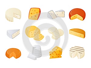 Cheese. Cartoon milk products pieces. Gourmet dairy food set. Dor blue and cheddar. Brie or camembert. Delicious gouda of varying