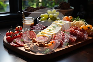 Cheese and charcuterie platter in a kitchen