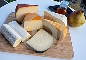 Cheese collection, Belgian abbey cheeses made with brown trappist beer and fine herbs and view on Maas river in Dinant, Wallonia,