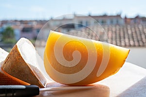 Cheese collection, French fol epi  cheese with many little holes, etorki, tomme noire des pyrenees and ossau iraty cheese