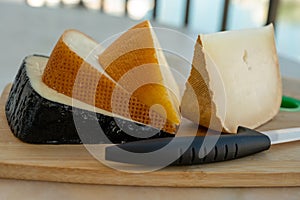 Cheese collection, French fol epi  cheese with many little holes, etorki, tomme noire des pyrenees and ossau iraty cheese