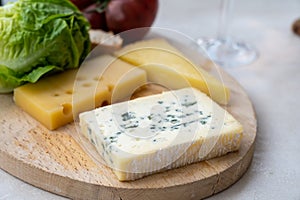 Cheese collection, French fol epi  cheese with many little holes, etorki, tomme noire des pyrenees and ossau iraty cheese