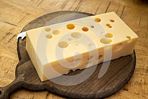 Cheese collection, french hard cheese with holes emmentaler close up