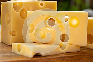 Cheese collection, french hard cheese with holes emmentaler close up