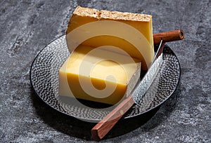 Cheese collection, French hard comte cheese made from cow milk in region Franche-Comte, France