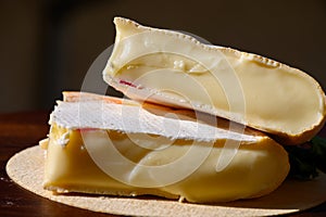 Cheese collection, French reblochon de savoie gratin cow milk cheese close up