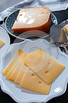 Cheese collection, Italian cheese scamorza, caciocavallo, provolone made from cow milk in South Italy yellow smoked cheese