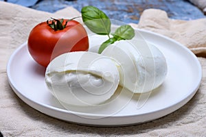 Cheese collection, organic mozzarella soft cheese served with ripe tomato and fresh green basil