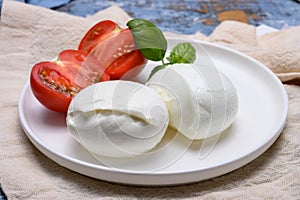 Cheese collection, organic mozzarella soft cheese served with ripe tomato and fresh green basil