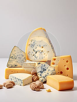 Cheese collection, piece of gouda cheese with blue mold and nuts close up- AI Generated