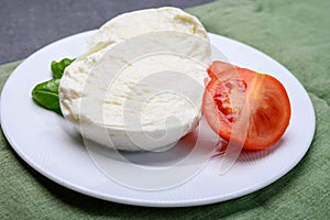 Cheese collection, soft white Italian mozzarella di bufala campana with fresh green basil leaves and red tomatoes photo