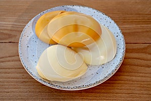 Cheese collection, variety of Italian cow milk cheese flat scamorza