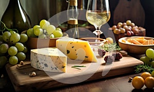 Cheese composition with grapes, wine and nuts on a wooden board