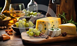 Cheese composition with grapes, wine and nuts on a wooden board