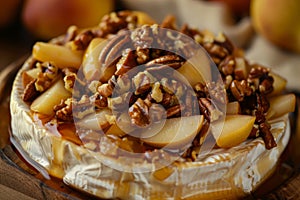 Cheese covered with caramelized pears, honey and walnuts