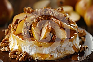 Cheese covered with caramelized pears, honey and walnuts