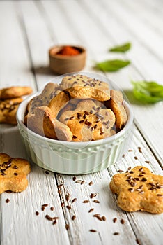 Cheese crackers sprinkled with flax seed