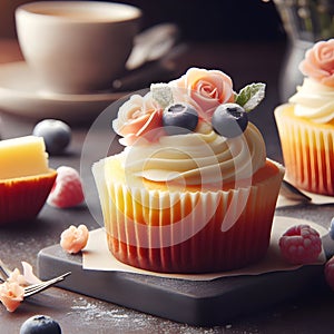 Cheese cupcake with cheese creme, blueberry, rosegold flowers, and mint leaves topping on a grey plate