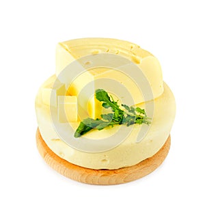 Cheese on a cutting board isolated on a white