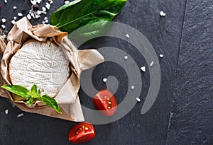 Cheese delikatessen with chili on black stone, brie camembert photo