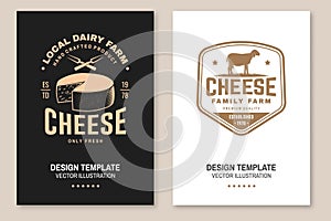 Cheese family farm poster design. Template for logo, branding design with block cheese, jug of milk, fork, knife for