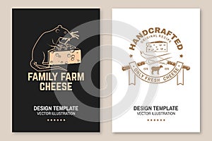 Cheese family farm poster design. Template for logo, branding design with rat, mouse, sheep lacaune, fork, knife for