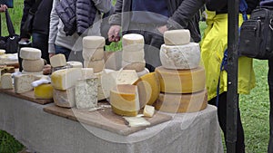 Cheese Farm and Street Farmers' Marke. A farmer sells goat and cow cheese. Private family farm and sheep dairy, farming