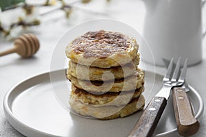 Cheese flapjacks or pancakes. Rounf frities made from cotage cheese