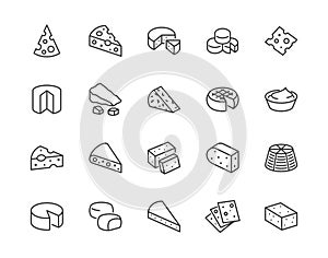 Cheese flat line icons set. Parmesan, mozzarella, yogurt, dutch, ricotta, butter, blue chees piece vector illustrations