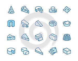 Cheese flat line icons set. Parmesan, mozzarella, yogurt, dutch, ricotta, butter, blue chees piece vector illustrations