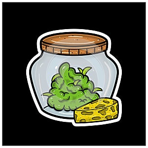 Cheese Flavor With Cartoon Mascot of Weed Bud On Jar. For Sticker and label