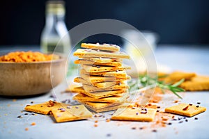 cheese-flavored crackers in a pile