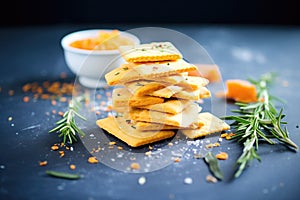 cheese-flavored crackers in a pile