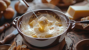 Cheese fondue indulgence with a fork lifting a gooey morsel, amidst a rustic table setting with various dippers.