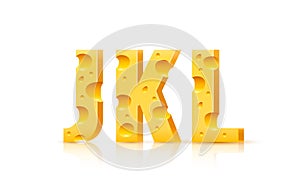 Cheese font 3d symbol, letter J K L set. Vector