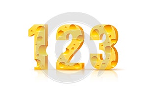 Cheese font 3d symbol, numbers 1 2 3 set. Vector